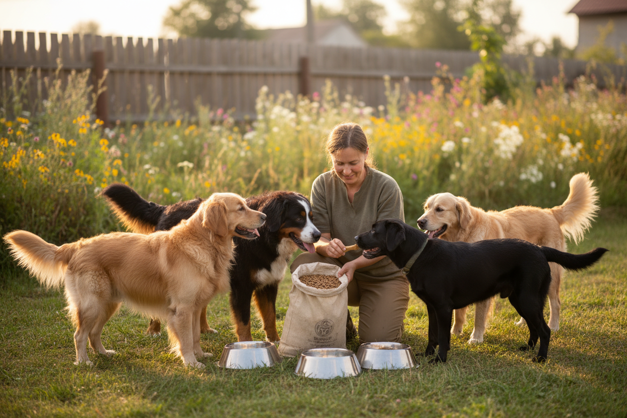 Person feeding dogs