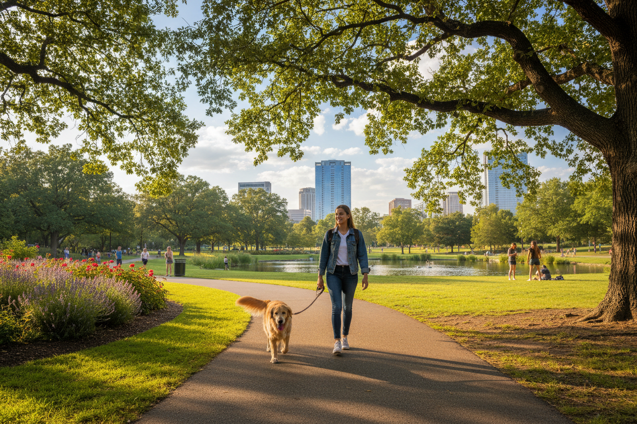 Person walking a dog in a park