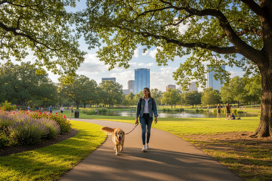 Person walking a dog in a park